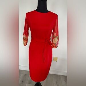 Red Floral-Sleeve Tie-Waist Women's Dress